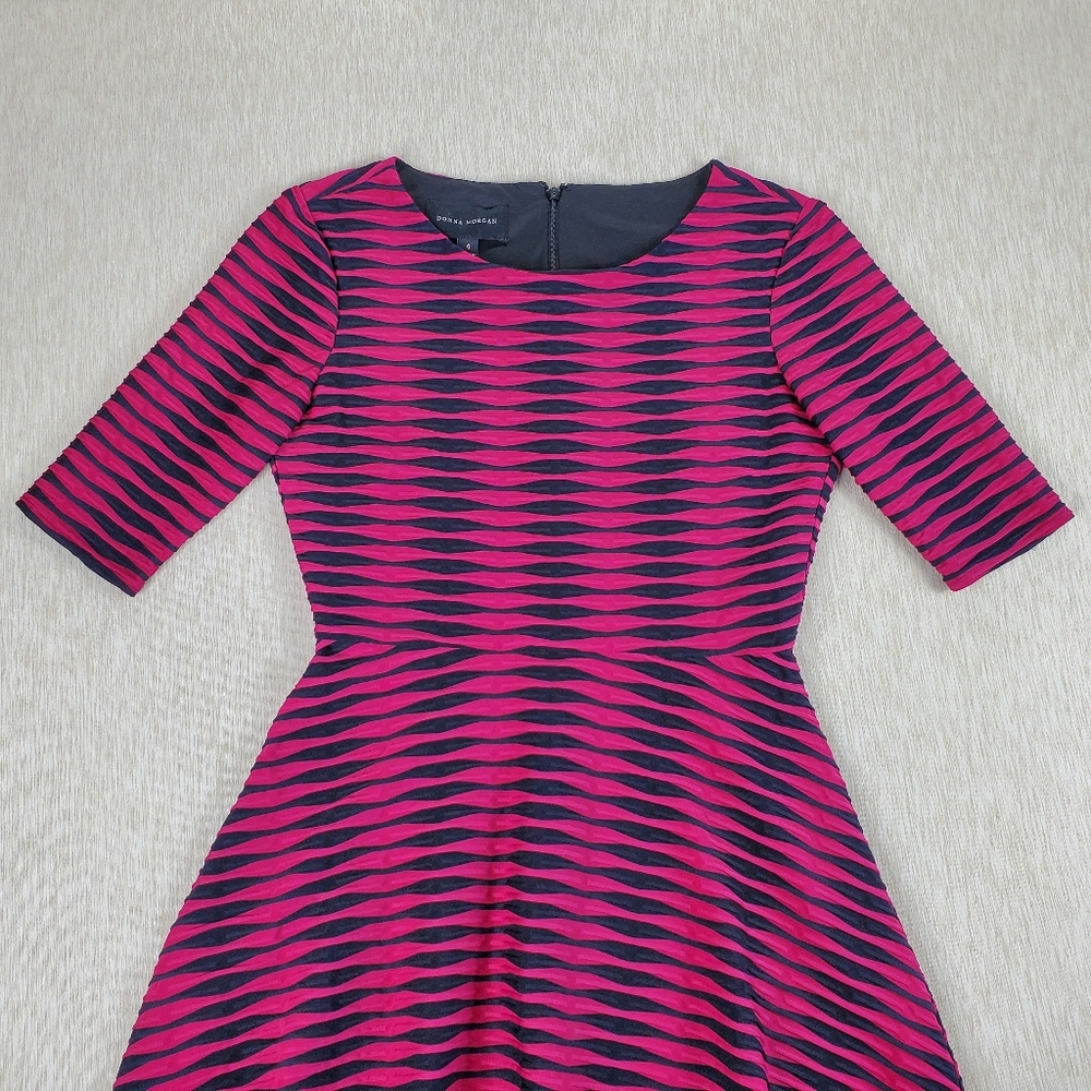 Donna Morgan Dress Size 4 Fit & Flare Textured Pink & Black Striped Career Party